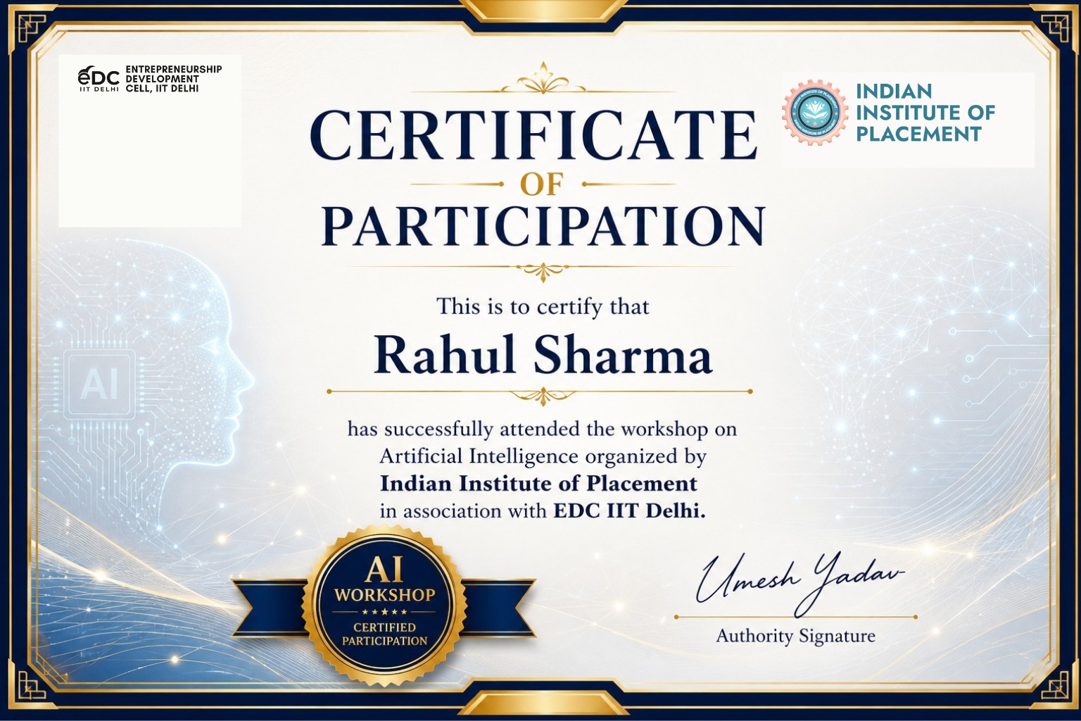 Sample Certificate of Participation for the AI workshop from Indian Institute of Placement in association with EDC IIT Delhi